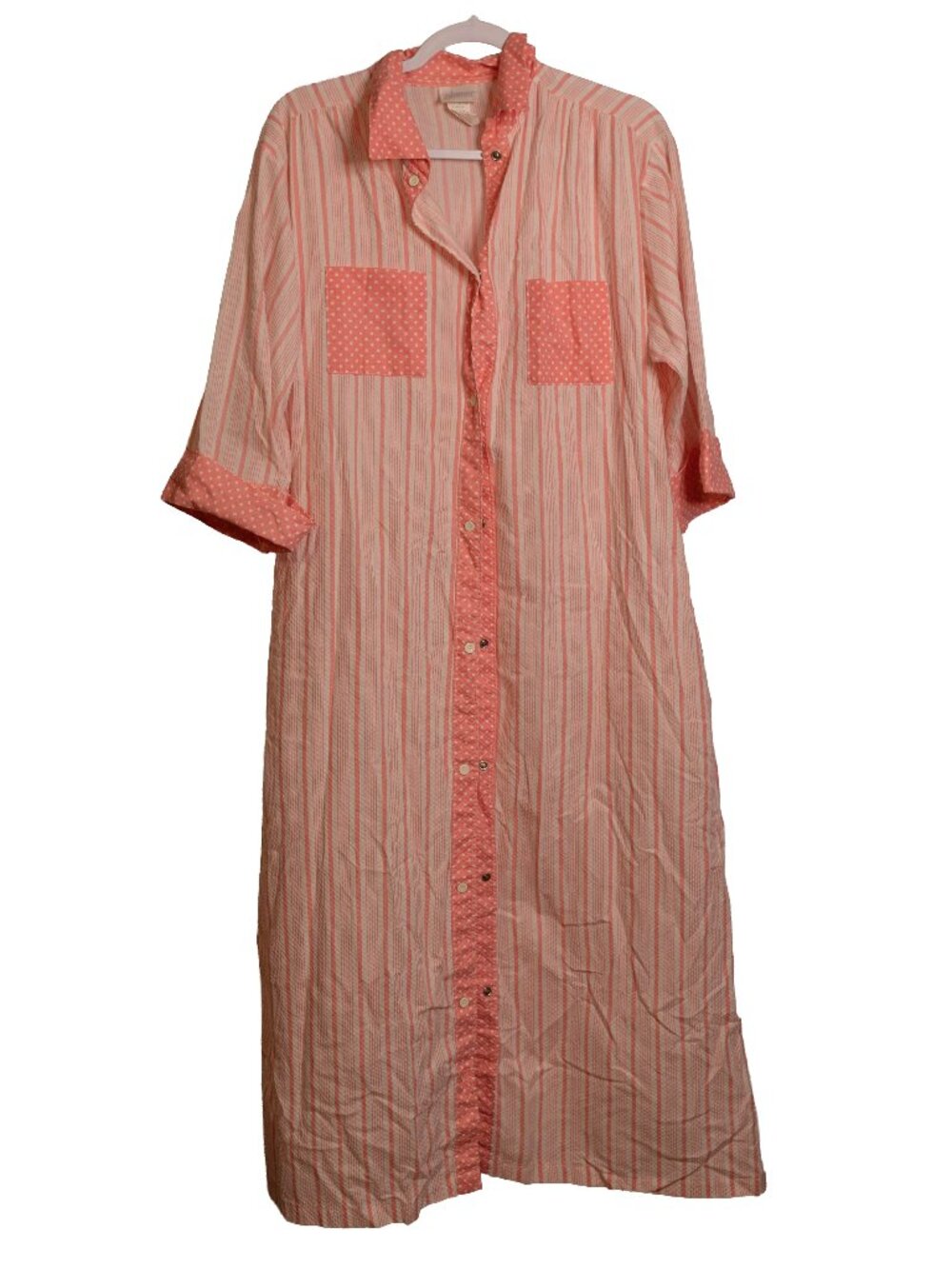 Vintage Adonna Coral Pink & White House Coat Robe - Size Medium - Cotton